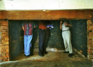 Getting a closer look at the chimney in the 17th century Boardman House in Massachusetts.