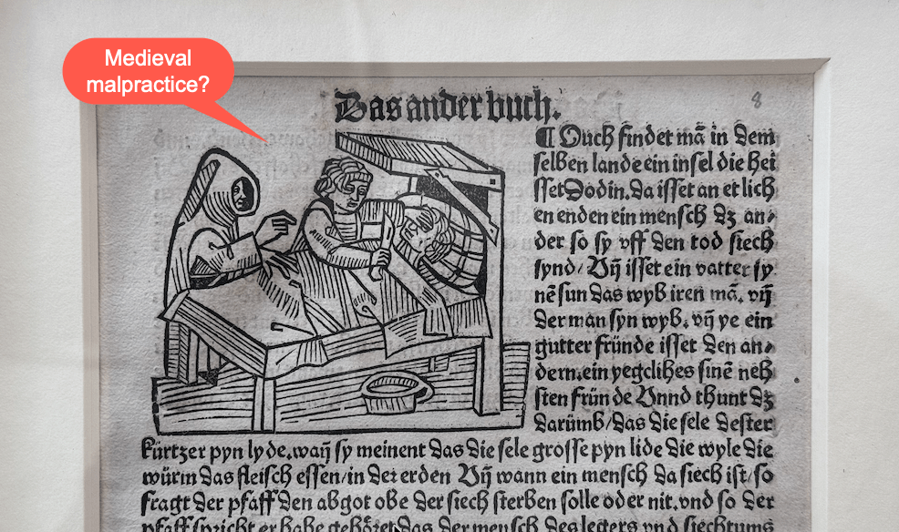 A detail of a German book printed around 1500 shows an image of a man lying in bed with another man holding a knife to his neck.