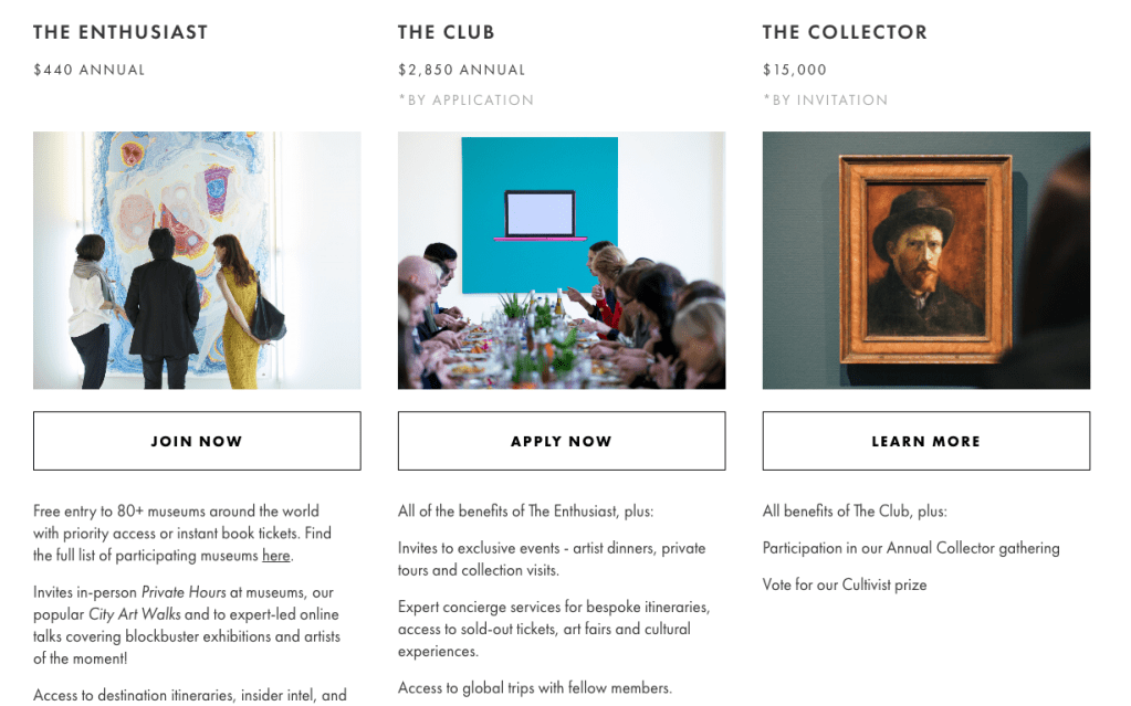 Screenshot of membership levels for The Cultivist, starting at $440 per year.