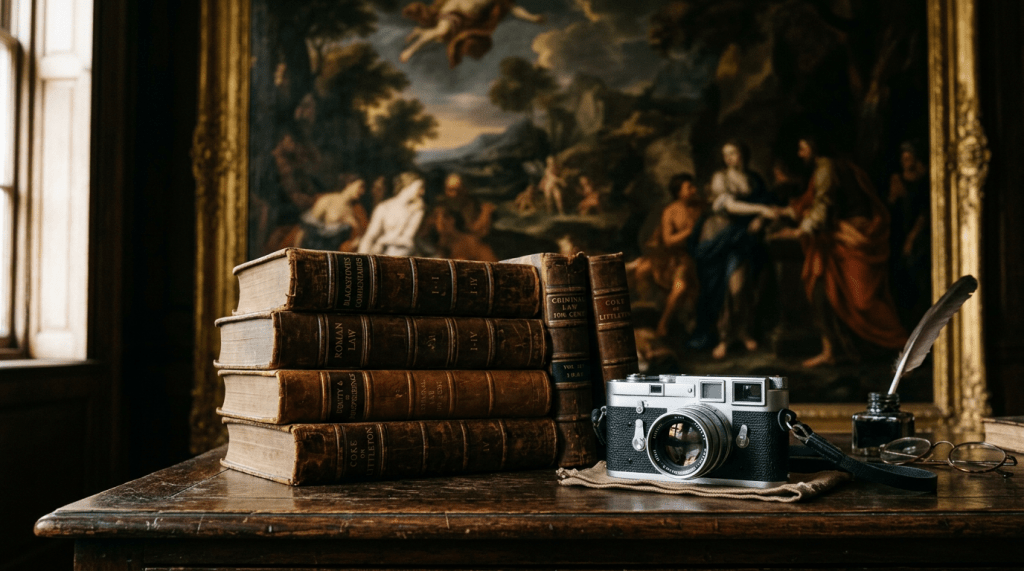 Stack of antique law books beside a vintage camera and quill in ink bottle