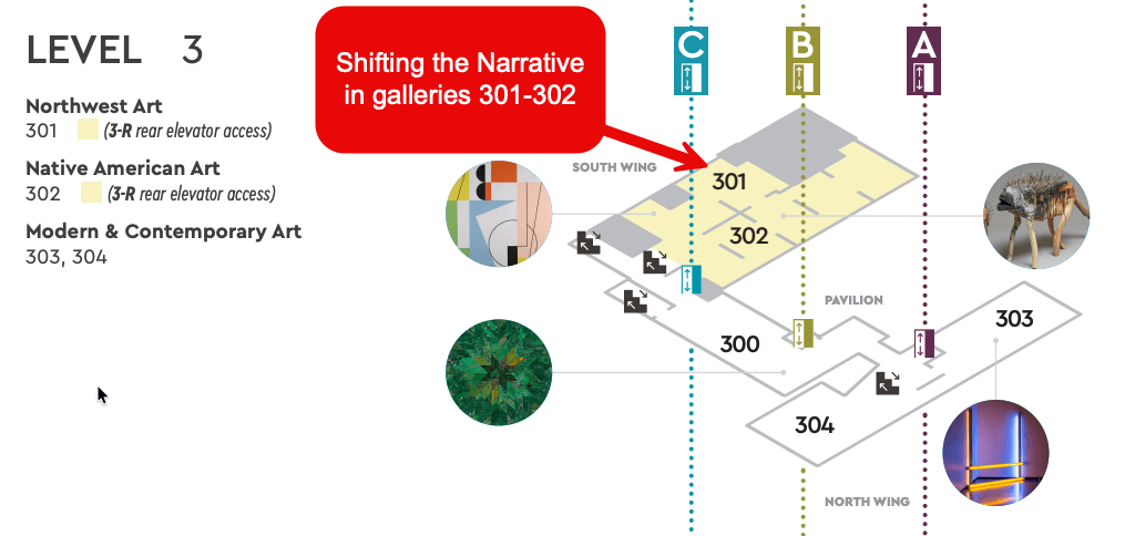 Floor plan of level 3 of the Portland Art Museum, indicating the location of the exhibition, "Shifting the Narrative."